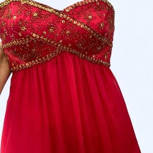 Red strapless beaded mini dress with sweetheart neckline and tulle overlay 6